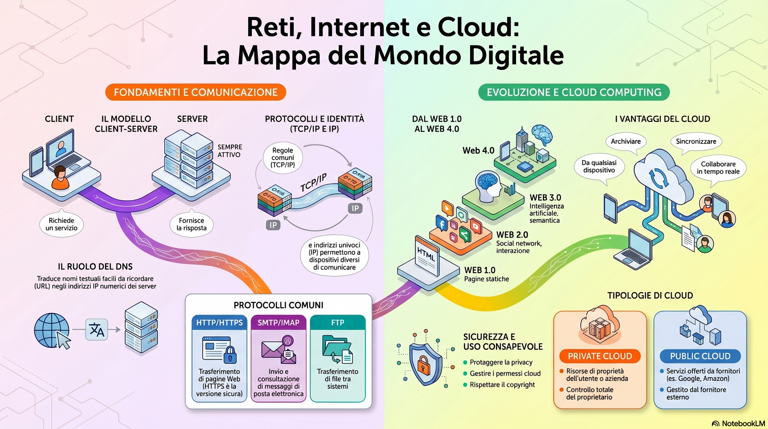 Infografica SparkStudio sulle reti di computer e cloud computing: schema con dispositivi, Internet, server, protocolli e cloud